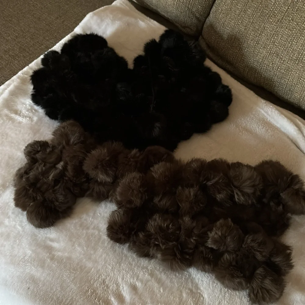 100% Rabbit Fur Pom Pom Scarf w Shawl  - Black & Brown Cejon Accessories ??